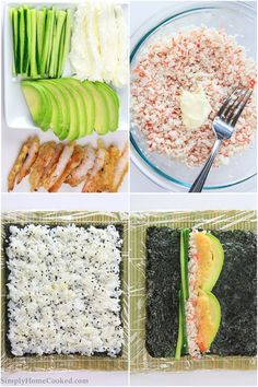 four pictures showing different types of food including rice, avocado and salmon