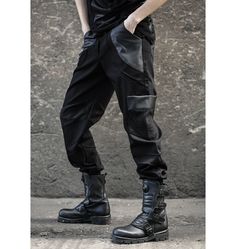 Denim comfy cargo pants designed with faux leather pockets. Stretch fabric on the edge break. The model in the picture is wearing size S. *If you are not sure about your size please get in touch with us so we can refer the best fit for you. Black Techwear Cargo Pants Straight Leg, Black Straight Leg Techwear Cargo Pants, Edgy Straight Leg Cargo Pants With Pockets, Edgy Straight Leg Cargo Pants, Punk Style Leather Pants For Streetwear, Punk Style Black Leather Pants With Belt Loops, Black Punk Leather Pants With Belt Loops, Alternative Style Black Leather Pants With Belt Loops, Black Cyberpunk Pants With Side Pockets