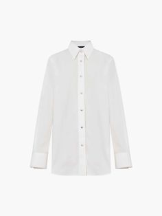 MO&Co. Women's Snap Button Cotton Shirt Crafted from pure cotton, this classic white shirt is shaped for a loose fit and features a snap button closure and a flattering curved hem. The pointed collar and cuffed long sleeves add a tailored finish. Effortlessly pair it with denim and skirts. Features : - Relaxed fit, curved hem- Snap button closure Code: MBD4SHT001The back length of size S is 71.5cmMATERIALS & CARE Material: 100% CottonREMINDER: All items are measured manually. Please note that it Lapel Collar Shirt With Button Cuffs For Daywear, White Blouse With Placket For Business, White Shirt With Lapel Collar For Daywear, White Business Blouse With Placket, Classic Shirt With Button Closure For Daywear, Timeless Shirt With Button Closure For Daywear, White Blouse With Lapel Collar And Buttons, White Dress Shirt For Daywear, White Blouse With Buttons And Lapel Collar