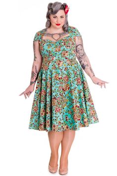 If you love Hell Bunny Dress, and love Sugar Skull print, this is the best deal ever!! Size 2XL only but it is only $39.95 ( Normally, $75.00) ! A perfect summer Party dress! Hell Bunny no longer makes this dress, so once it sold out, it is gone for good! Get it if you wear size 2XL! So pretty, and fun sugar skull print dress!  Calavera Day of the Dead Flower Sugar Skull Flare Party Dress – Skelapparel Turquoise Color Dress, Sugar Skull Dress, Vestidos Pin Up, Pin Up Vintage, Skull Dress, Turquoise Dress