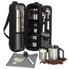 an open travel bag with utensils and coffee mugs in it on a white background