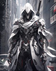 a futuristic man standing in the middle of a city