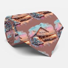 a tie with an image of a restaurant on it