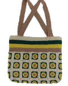 Knitted Tote Beach Bag, Green Crochet Tote Straw Bag, Green Crochet Straw Tote Bag, Yarn Tote Bag For Shopping, Green Handwoven Crochet Shopping Bag, Green Handwoven Crochet Bag For Shopping, Green Bohemian Crochet Shopping Bag, Bohemian Green Crochet Shopping Bag, Bohemian Crochet Tote Bucket Bag