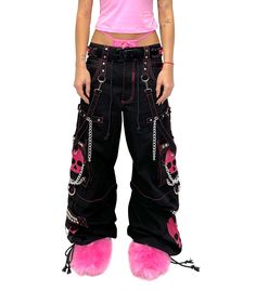 Accept no imitations! From the originator of all things DarkStreet, these black and pink studded pants zip off into shorts (★≧▽^))★☆. They feature two skulls on each leg, removable chains, adjustable ankles, D-rings, and deep pockets. – Drawstring and adjustable waist buckles allow for a tighter fit on the waist. 100% Cotton. Waist measurements are based on the waistband's full extension - that is the maximum inches that the waist will extend to. MODEL IS WEARING X-SMALL SIZE WAIST (Fully Extend Alt Cargo Pants, Emo Bottoms With Pockets For Concerts, Emo Style Bottoms With Pockets For Concerts, Punk Style Bottoms With Skull Print For Alternative Fashion, Emo Style Bottoms With Belt Loops For Streetwear, Emo Streetwear Bottoms With Belt Loops, Edgy Skull Print Bottoms For Alternative Fashion, Edgy Bottoms With Skull Print For Alternative Fashion, Alternative Fashion Black Bottoms With Skull Print