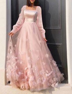 Birthday Dresses Long Dress, Floor Length Prom Dresses With Sleeves, Princess Dresses Long Sleeve, Tulle Prom Dress With Sleeves A Line, Prom Pastel Dress, Pretty Prom Dresses Long Sleeve Silk, Cute Dress For Wedding Guest, Long Pink Dress With Sleeves, Long Prom Dress With Sleeves