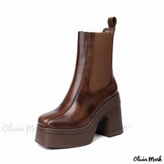 Olivia Mark - Classic Leather Waterproof Platform Chunky Heel Square Toe Casual Ankle Boots Chic High Heels, Rough Heels, Casual Ankle Boots, Square Head, Super High Heels, Brown Velvet, Platform Heels Chunky, Brown Ankle Boots, Classic Leather