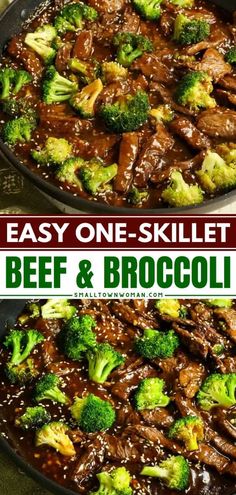 beef and broccoli in a skillet with text overlay