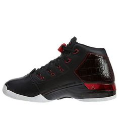 The Air Jordan 17 Retro 'Bulls' is an iconic sneaker with a luxurious design inspired by jazz music and the British Aston Martin. Its black upper features two rows of perforations and a shoe cover with a musical note pattern. The silver stabilizer at the heel adds a dynamic touch, while the outsole is patterned with golf course-inspired grooves. The Zoom Air and Blow-Molser Air cushioning provide superior performance. Perfect for basketball, running, and other sports, this stylish sneaker is a must-have for any sneakerhead. (SNKR/Basketball) Mid-top Leather Jordan Shoes With Perforations, Black Lace-up Basketball Shoes With Perforations, Modern High-top Jordan Shoes With Rubber Sole, High-top Jordan Shoes With Perforations And White Sole, Sports High-top Sneakers With Perforations Round Toe, Sports High-top Sneakers With Perforations, Leather Jordan Shoes With Perforations For Streetwear, Custom High-top Sneakers With Perforations For Sports, High-top Custom Sneakers With Perforations For Sports