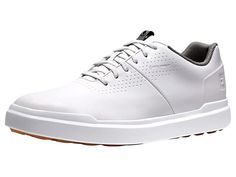 FootJoy Contour Casual - Men's Golf Shoes : White : Add a stylish approach to your game with the FootJoy Contour Casual golf shoes. FootJoy golf shoes with soft full grain leather uppers for waterproof comfort, breathability, and durability. Padded tongue and collar for comfort. Lace-up closure for a snug fit. Full rounded toe character and full across forefoot. Contoured last bottom to closer match the shape of the foot. Durable, stable, spikeless outsole. Imported. Measurements: Weight: 15 oz White Slip-resistant Golf Shoes With Round Toe, Leather Golf Shoes, Sporty Style, Classic Lace-up Golf Shoes For Sports, Leather Sporty Golf Shoes, White Slip-resistant Low-top Golf Shoes, Leather Low-top Golf Sneakers, Fade-resistant Round Toe Golf Shoes, Slip-resistant Low-top Golf Shoes, Lace-up Golf Shoes With Ortholite Insole For Sports