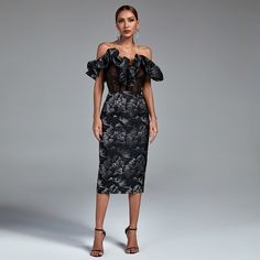 This stunning Off Shoulder Pleated Midi Elegant Bodycon Dress is perfect for elevating your look. The midi length, off shoulder and pleated details will give you a polished, sophisticated look for any special occasions. Our Style No.FP220311 Black Jacquard Height - 69.3"/176cm Bust - 35"/89cm Waist - 24"/61cm Hips - 36.2"/92cm and wears size S About Wholesale/Dropshipping, please contact us! Note: Colour may vary due to lighting on images. The product images (without model) are closest to the tr Corset Pencil Dress, Elegant Bodycon Dress, Sheer Corset, Dress Colour, Black Bodycon Dress, Perfect Woman, Pencil Dress, Bandage Dress, Product Images