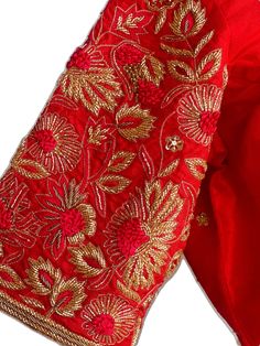 Silk Blouse With Floral Embroidery For Reception, Unstitched Floral Embroidery Blouse For Navratri, Red Embroidered Fabric With Floral Detail For Reception, Red Art Silk Traditional Wear With Floral Embroidery, Red Art Silk Unstitched Blouse, Red Art Silk Choli With Floral Embroidery, Designer Red Tops With Resham Embroidery, Red Unstitched Blouse For Navratri, Red Raw Silk Traditional Wear With Floral Embroidery