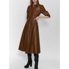 Genuine Zara New With Tag Material: Vegan Leather Color: Brown Midi Length Dress With Pockets. Classic And So Chic For Cooler Seasons Shirtdress Outfit, Faux Leather Shirt, Leather Shirt Dress, Brown Leather Dress, Leather Trend, Shirt Dress Outfit, Dress Zara, Faux Leather Dress, Leather Shirt