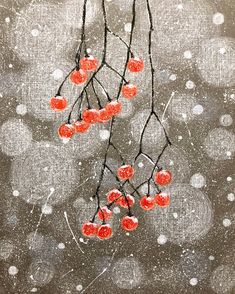 some red berries hanging from a tree branch in the snow with drops of water on it