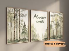 three framed art prints with the words adventure awaits, printed and shipped on them