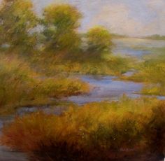 an oil painting of a river with trees in the background