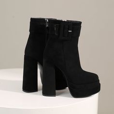 Looking for something edgy and fashionable? These black suede platform boots are perfect for you! With a square toe and buckle detail. they are sure to make a statement. Pair them with your favorite skinny jeans or leggings for a chic look that is sure to turn heads. Upper: Manmade Suede Lining: Short Plush Outsole: Rubber Toe: Square Toe Closure: Zip Heel: 14cm/5.5'' Platform: 4cm/1.5'' Shaft: 13.5cm/5.3'' Circumference: 25cm/9.8'' Color: Blue. Black. Brown is_handmade: Yes The above measuremen Chunky Platform Boots For Winter Night Out, Chunky Platform Boots For Night Out In Fall, Chunky Platform Boots For Night Out In Winter, Fall Platform Boots For Night Out, Platform Boots For Night Out In Fall, Winter High Heel Platform Boots With Buckle Closure, Winter High Heel Platform Boots With Buckle, Trendy Fall Platform Boots For Night Out, Trendy Platform Boots For Fall Night Out