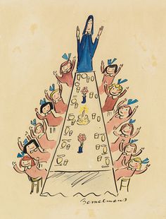 a drawing of a woman standing on top of a long table surrounded by other people