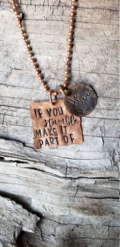 Handstamped copper and brass necklace. Stamping Jewelry Diy, Metal Stamping Projects, Metal Stamping Diy, Hand Stamped Metal, Stamped Necklaces, Jewelry Quotes, Spoon Jewelry, Jewelry Diy Bracelets