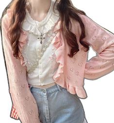 Pink Ruffled Cardigan For Spring, Pink Casual Cardigan With Ruffles, Casual Pink Ruffled Cardigan, Pink Ruffled Cardigan For Fall, Casual Pink Cardigan With Ruffles, Pink Long Sleeve Cardigan With Ruffles, Sweet Pink Cardigan For Fall, Spring Trendy Ruffled Cardigan, Trendy Ruffled Spring Cardigan