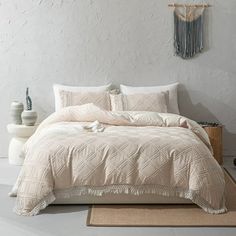 Move Over macrame tassels comforter set, handcrafted tassel fringed, unique weaving technology. The bedding set with lattice tassel-trimmed edges, delicate, chic, elegant and decorative, give your room a minimal-boho look and fit all decorations. Whole piece microfiber filling with tight stylish stitching prevents fill from clumping or shifting. The comforter is fluffy and lightweight. It will not put downward pressure on your body. Soft washed Microfiber outer fabric is really close to skin, so Tufted Comforter, Beige Duvet Cover, Tufted Bedding, Beige Duvet, Beige Duvet Covers, Boho Bedding Sets, Macrame Tassel, Boho Space, Sanctuary Bedroom