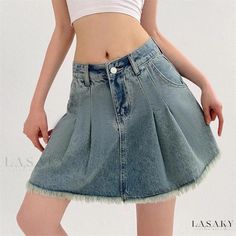 Lasaky - High-waisted Pleated Skirt with Sweet and Elegant Style - Loose-fit Solid Color Denim Midi Skirt for Casual Outfits Non-stretch High Waist Skirt With Frayed Hem, High Waist Skirt With Frayed Hem, Cute Fitted Denim Skirt, Cute Fitted Denim Skirt With Pockets, Cute Denim Skirt For Summer, Cute High-waisted Cotton Denim Skirt, Cute High Waist Cotton Denim Skirt, Casual High Waist Pleated Denim Skirt, Cute Denim Skirt For Spring