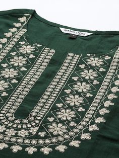 Colour: greenFloral yoke designRound neckThree-quarter, regular sleevesStraight shape with regular styleKantha work detailCalf length with straight hemMachine weave regular cotton Yoke Design, Satin Saree, Kantha Work, Anarkali Suit, Kurta Designs, Fit & Flare, Three Quarter, Green Color, Jacket Dress