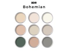 the different shades of paint on white paper with text that says, behr bohemian