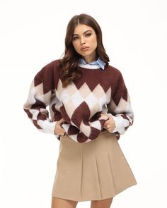 Details: Long-sleeve sweater with matching-color diamond shape patternTop Length: NormalSleeve Length: Long SleevesMaterials:100% Acrylic Diamond Shape Pattern, Checkered Sweater, Maxi Dresses Casual, Crop Top Blouse, Brown Sweater, Knitwear Cardigan, Shape Pattern, Diamond Shape, Cardigan Jacket