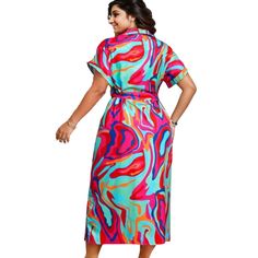 Large Hip Pleat Rainbow Shirt Dress Short Sleeve Midi Dress With Vibrant Print For Spring, Summer Printed Shirt Dress With Short Sleeves, Summer Printed Short Sleeve Shirt Dress, Printed Collared Shirt Dress For Vacation, Spring Multicolor Relaxed Fit Dress, Casual Multicolor Shirt Dress For Summer, Casual Collared Fitted Maxi Dress, Printed Short Sleeve Shirt Dress For Daywear, Spring Printed Collared Dresses