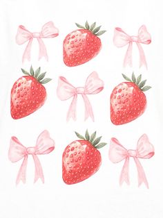 six strawberries with bows on them are drawn in watercolor and then colored pencils