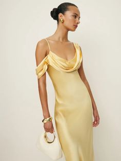 Going to a wedding? Reformation's collection offers wedding guest dresses for that fancy formal event thing you have to go to. Yellow Wedding Guest Dresses, Silk Yellow Dress, Bridesmaids Dress Inspiration, Yellow Maxi Dress, Yellow Silk, Essential Dress, Black Tie Wedding, Bridesmaids Dress, Team Bride