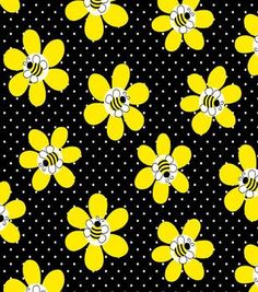 yellow and black flowers with white dots on a polka dot background, all in the same pattern