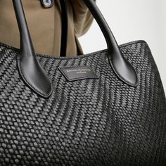 London Tote in Black Woven Leather | Aspinal of London Woven Leather Tote, Leather Designs, Aspinal Of London, Soft Tops, Leather Care, Leather Design, Leather Tote Bag, Full Grain Leather, Things To Buy