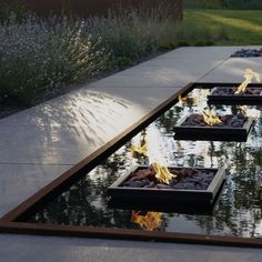 four square fire pits sitting in the middle of a garden