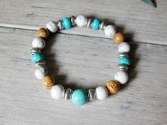 mens beaded beach bracelets White Howlite Bohemian Bracelets, White Howlite Bohemian Bracelet, White Bohemian Howlite Bracelet, Bohemian White Stretch Bracelet With Natural Stones, Turquoise Beach, Mens Beach, Beach Bracelet, White Bracelet, Turquoise Bead Bracelet