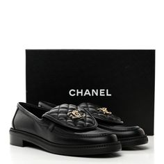 This is an authentic pair of CHANEL Lambskin Quilted CC Turnlock Loafers size 40 in Black. These stylish shoes are crafted of lambskin leather in black. These shoes feature a gold Chanel CC turn lock motif and short stacked heels. Gold Chanel, Stylish Shoes, Lambskin Leather, Stacked Heel, Loafers, Chanel, Heels, Leather, Gold