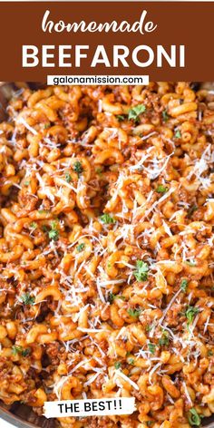 the best homemade beef and cheese pasta in a skillet with parmesan cheese on top