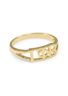 Ring - Gamma Phi Beta Sunshine Gold Ring Adjustable Gold Initial Ring In 14k, Matte Gold 14k Gold Rings For Gift, Matte Gold 14k Rings For Gifts, Gold Brass Engraved Ring For Promise, Gold Brass Engraved Ring For Gift, Gold Brass Engraved Ring Gift, Gold Engraved Brass Ring Gift, Symbolic Gold-plated Rings, Symbolic Gold Plated Gold Rings