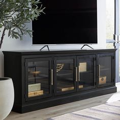 a large flat screen tv sitting on top of a black entertainment center next to a potted plant