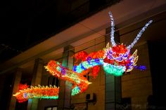 two dragon lights are lit up in front of a building