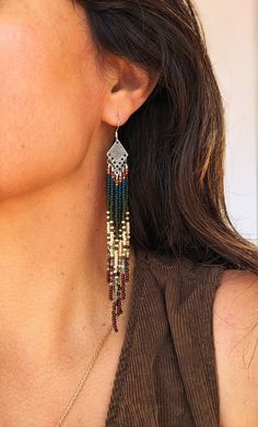 "\"Virginia\" ♀ Handmade  beaded native earrings  ♀ Stones: Sandstone ♀ Glass Beads: Toho, Miyuki ♀ Ear Wire: Sterling Silver ♀ Drop Height: 4.5  in. ♀ Nickel Free ♀ Made to Order \"--unless I am myself, I am nobody.\"--Virginia Wolf" Festival Dangle Earrings With Silver Beads, Dangle Earrings With Silver Beads For Festivals, Silver Beaded Dangle Earrings For Festivals, Bohemian Sterling Silver Chandelier Earrings, Bohemian Sterling Silver Chandelier Earrings For Festivals, Artisan Nickel-free Dangle Chandelier Earrings, Silver Teardrop Beaded Earrings Bohemian Style, Bohemian Earrings With Silver Beads For Festivals, Bohemian Beaded Sterling Silver Jewelry