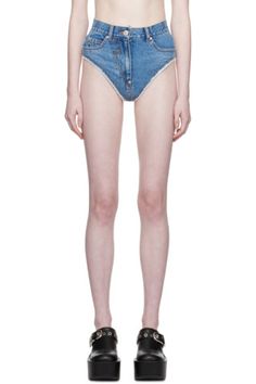 Pushbutton - Blue Panty Denim Shorts Fitted High Waist Shorts With Five Pockets, High-waisted Denim Shorts With Five Pockets, Virtual Wardrobe, Stretch Denim Shorts, Contrast Stitch, Stretch Denim, Patch Logo, Denim Shorts, Color Blue