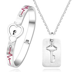 PRICES MAY VARY. Full refund for unlock bangles ♥ Double Heart Bangle Size: Inner Length 65mm(2.55inch) & width 48mm(1.9inch), please check size carefully to match your wrist. ♥ Heartbeat infinity love heart Lock Bracelet and Key Necklace: Unique couples gifts for women and men. Romantic matching lovers jewelry symbolize that only you have the key to open my heart. ♥ Metal material: 316L titanium stainless steel will not tarnish and oxidize. ♥ Return policy: Fully refund if there is any quality Silver Bracelet For Valentine's Day, Valentine's Day Stainless Steel Bangle, Couples' Bracelet Jewelry For Valentine's Day, Couples Bracelet Jewelry For Valentine's Day, Couples Metal Jewelry For Gifts, Couples' Metal Jewelry Gift, White Couples Jewelry For Valentine's Day, Couples White Jewelry For Valentine's Day, Men Romantic