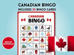 a canada day bingo game with the canadian flag in front of it and an image of a