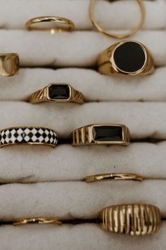 Every Ring Collection needs a black statement ring. This is it. 18k Rich Gold Plated Stainless Steel Filled Water-resistant Tarnish Free Safe to wear in the shower Hypoallergenic for my sensitive skin girls. Luxury Bronze Ring As Gift, Luxury Black Enamel Ring Modern Style, Luxury Yellow Gold Onyx Ring, Gold Rings Handmade, Stacked Gold Rings Aesthetic, Oxidised Rings Aesthetic, Black Onyx Gold Ring, Jewlrey Aesthic Black Women, Non Tarnish Gold Jewelry