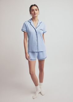 baby blue Light Blue Cotton Loungewear Sets, Light Blue Cotton Lounge Sets, Classic Cotton Loungewear Set, Classic Cotton Sets With Relaxed Fit, Blue Collared Sets With Pockets, Light Blue Cotton Short Sleeve Sets, Classic Relaxed Fit Short Sleeve Sets, Light Blue Short Sleeve Summer Sleepwear, Blue Collared Cotton Sleepwear