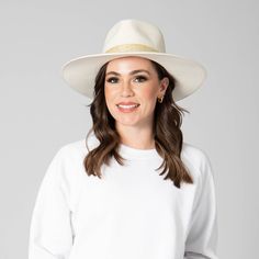 Say I do with this beautiful white fedora made for any Bride. Your look will be complete with lots of love and this perfect hat to match any dress. Features: Brim Size: 3.75" 100% wool Women's one size Wool felt flat brim fedora with gold jacquard band White Fedora, Wide Brim Hat Summer, Sand Collection, Facebook Style, Felt Fedora, Hat Clips, Scarf Poncho, Lots Of Love, Love At First