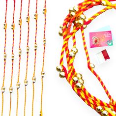 Celebrate the bond between siblings with this gorgeous 6-piece Rakhi Set: complete with two handcrafted Rakhi bracelets, a Rakhi for your sister, a Rakshabandhan card, a gift, and handmade Ghungroo! Make this Raksha Bandhan extra special for your brother and sister! Each Package Contains:- 6x Rakhis Color, 1x Roli Rice, 1x Greeting Card, 1x Gift Packaging Description: Rakhi : 10-12 Inch long will fit Adults, Material: Made up of Cotton thread Roli Rice: Small Pack sealed Greeting Card : Double Flap : Premium Gloss finish Carboard Material ( Made in USA) 4x6 Inches size, Kraft Gift Envelop : Thick Cardboard Paper with Rakhi Sticker with unique opening feature Rakshabandhan: Celebrate the sacred bond of love between brothers and sisters with this special Rakhi gift set. Perfect for any age - Gold Friendship Bracelets For Festivals, Traditional Yellow Beaded Bracelets As Gift, Yellow Festive Jewelry For Puja, Adjustable Bracelets For Diwali Celebration, Festive Temple Jewelry Bracelets With Latkans, Traditional Gold Friendship Bracelets For Festivals, Traditional Friendship Bracelets For Festivals, Traditional Gold Beaded Bracelets For Celebration, Adjustable Yellow Bracelet For Festive Occasions