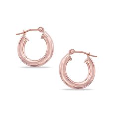 Small in stature, these hoops are big on style. Fashioned in precious 14K rose gold, these tube hoops are a great go-with-everything look. Polished to a brilliant shine, these 3.0 x 15.0mm hoops secure with hinged backs. Rose Gold Huggie Hoop Earrings For Anniversary, Classic Rose Gold Huggie Hoop Earrings, Rose Gold Hoop Earrings Shiny Finish, Classic Rose Gold Small Hoop Huggie Earrings, Rose Gold Hoop Earrings With Shiny Finish, Classic Small Hoop Rose Gold Huggie Earrings, Small Hoop Rose Gold Earrings For Anniversary, Modern Small Hoop Huggie Earrings In Rose Gold, Rose Gold Shiny Hoop Earrings